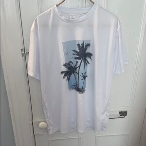 SHEIN White Tee with Blue Palm Tree Graphic